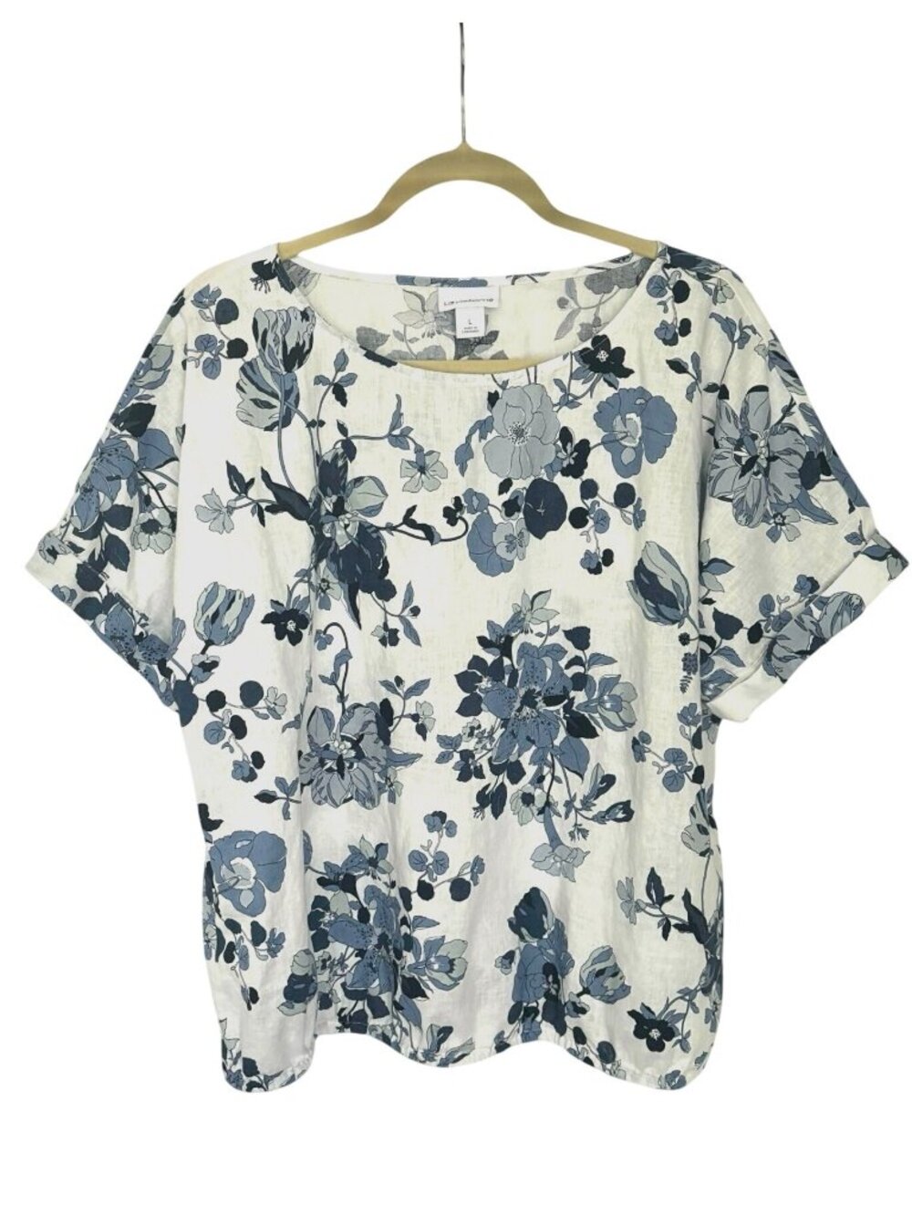 Liz Claiborne Blue Floral Top Sz Large Linen Blend Blouse